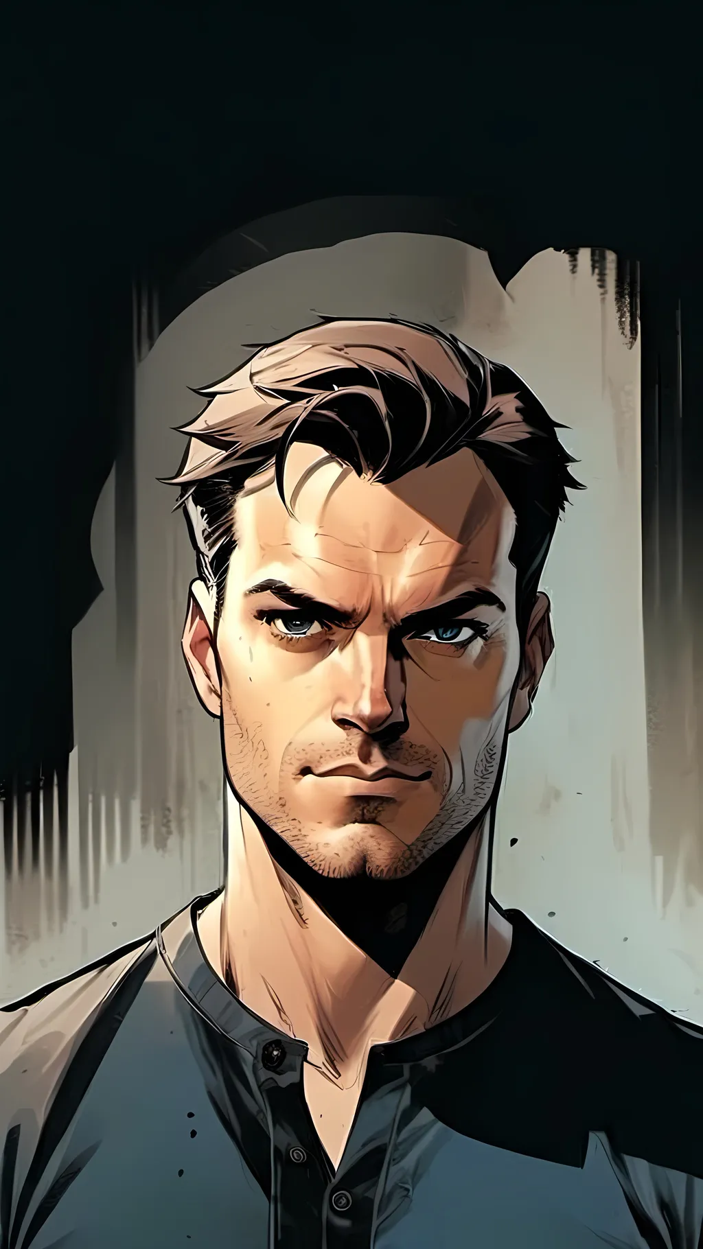 Prompt: modern comic book image, Dan mora style, of a handsome athletic man in his thirties, wearing an elegant suit and white shirt with short brown hair. He has piercing blue eyes that exude confidence and intelligence. The background is white