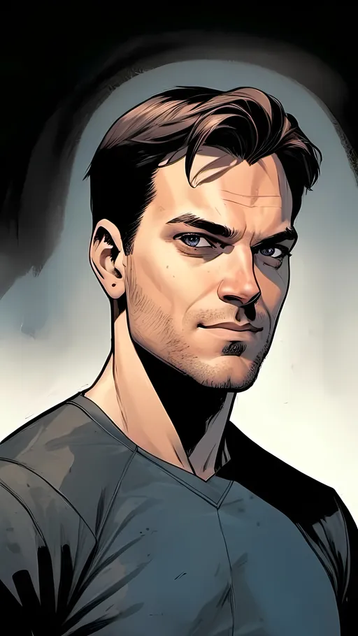 Prompt: modern comic book image, Dan mora style, of a handsome athletic man in his thirties, smiling, with short brown hair, thin lips, piercing blue eyes that exude confidence and intelligence. The background is white