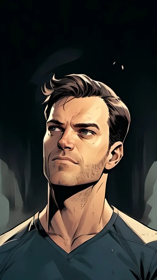 Prompt: modern comic book image, Dan mora style, of a handsome athletic man in his thirties, shouting, with short brown hair, thin lips, piercing blue eyes that exude confidence and intelligence. The background is white