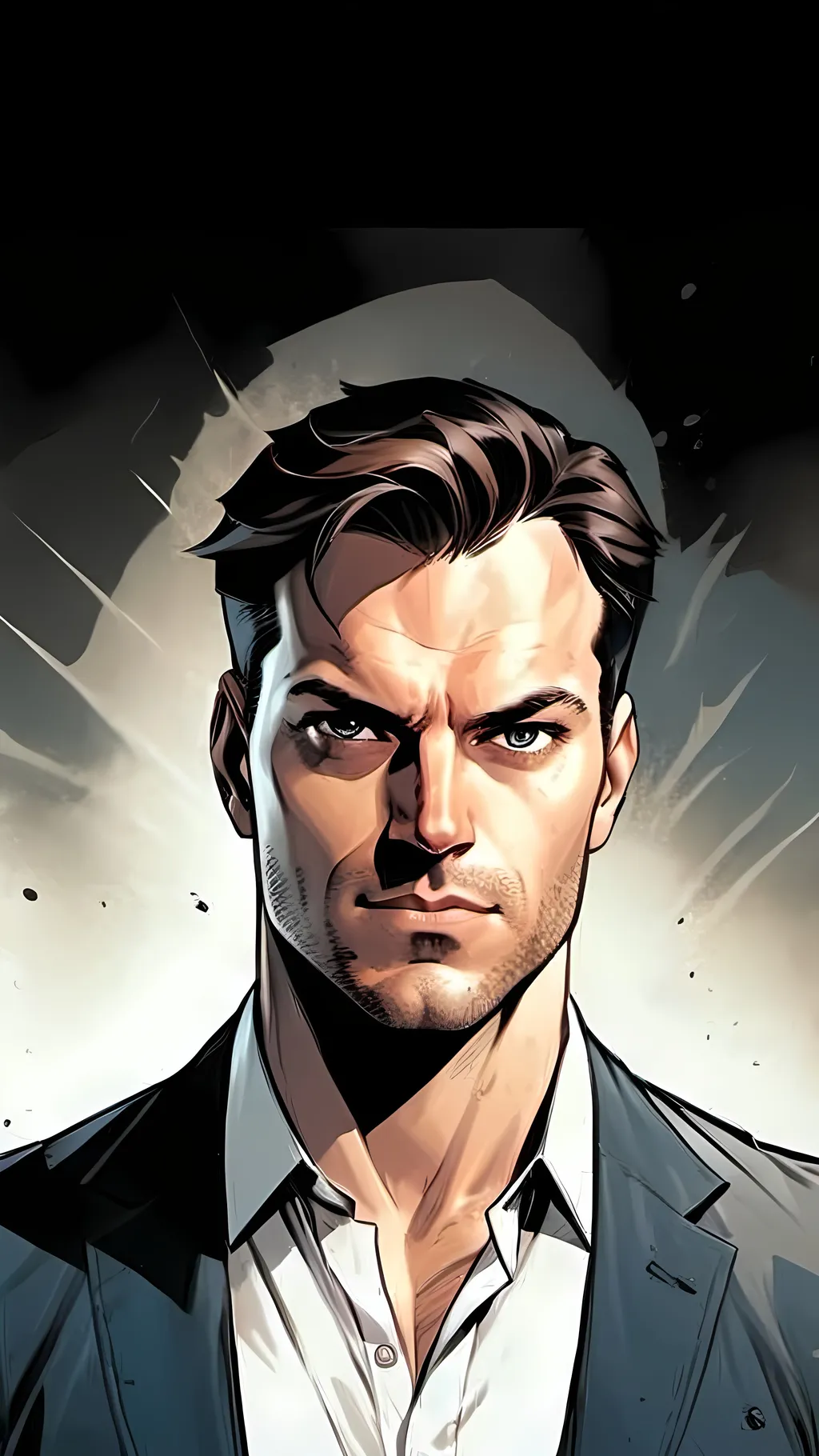 Prompt: modern comic book image, Dan mora style, of a handsome athletic man in his thirties, wearing an elegant suit and white shirt with short brown hair. He has piercing blue eyes that exude confidence and intelligence. The background is white