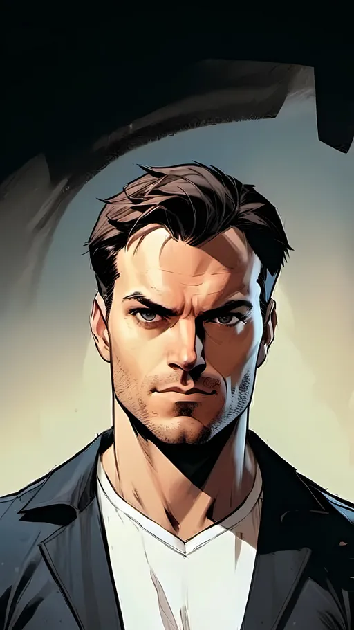 Prompt: modern comic book image, Dan mora style, of a handsome athletic man in his thirties, wearing an elegant suit and white shirt with short brown hair. He has piercing blue eyes that exude confidence and intelligence. The background is white