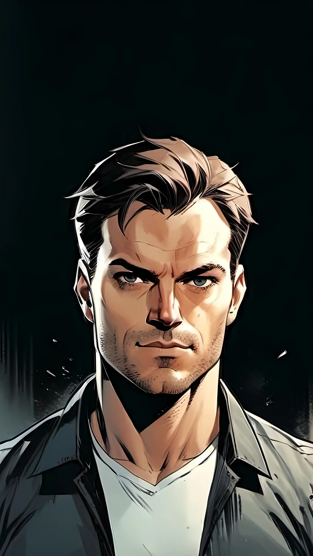 Prompt: modern comic book image, Dan mora style, of a handsome athletic man in his thirties, wearing an elegant suit and white shirt with short brown hair. He has piercing blue eyes that exude confidence and intelligence. The background is white