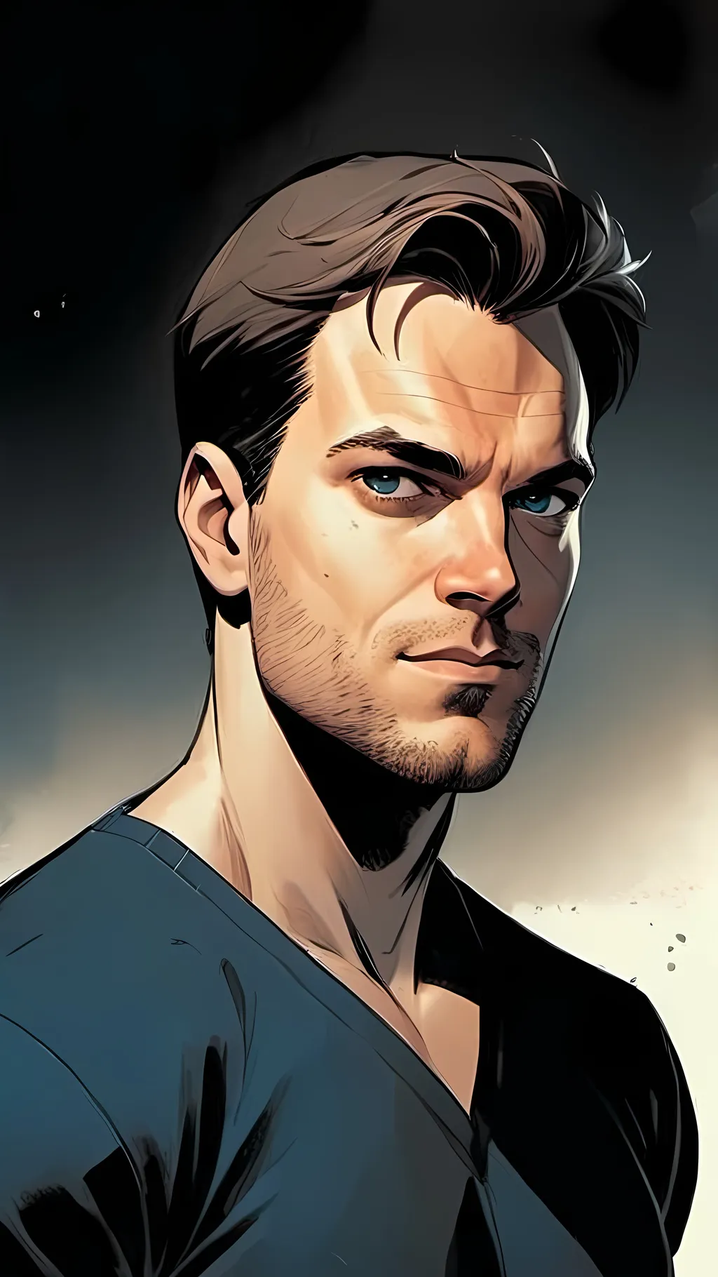 Prompt: modern comic book image, Dan mora style, of a handsome athletic man in his thirties, wearing an elegant suit and white shirt with short brown hair. He has piercing blue eyes that exude confidence and intelligence. The background is white