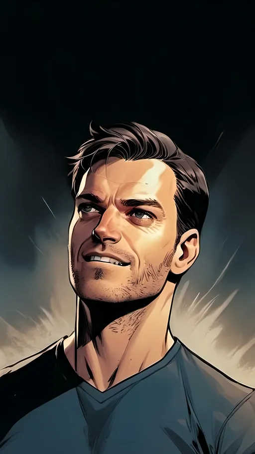 Prompt: modern comic book image, Dan mora style, of a handsome athletic man in his thirties, laughing, with short brown hair, thin lips, piercing blue eyes that exude confidence and intelligence. The background is white