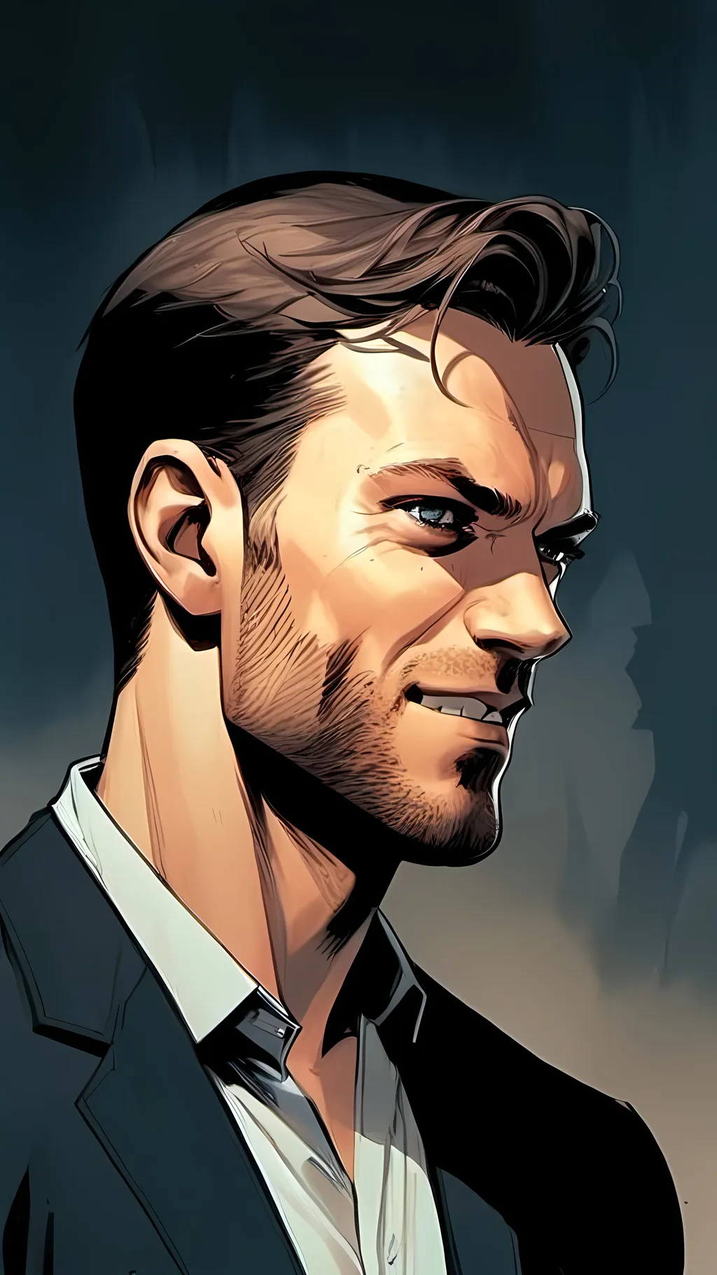 Prompt: modern comic book image, Dan mora style, of a handsome athletic man in his thirties, wearing an elegant suit and white shirt with short brown hair. He has piercing blue eyes that exude confidence and intelligence. The background is white