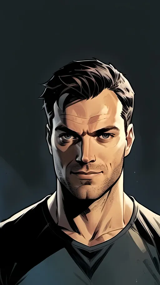 Prompt: modern comic book image, Dan mora style, of a handsome athletic man in his thirties, smiling, with short brown hair, thin lips, piercing blue eyes that exude confidence and intelligence. The background is white