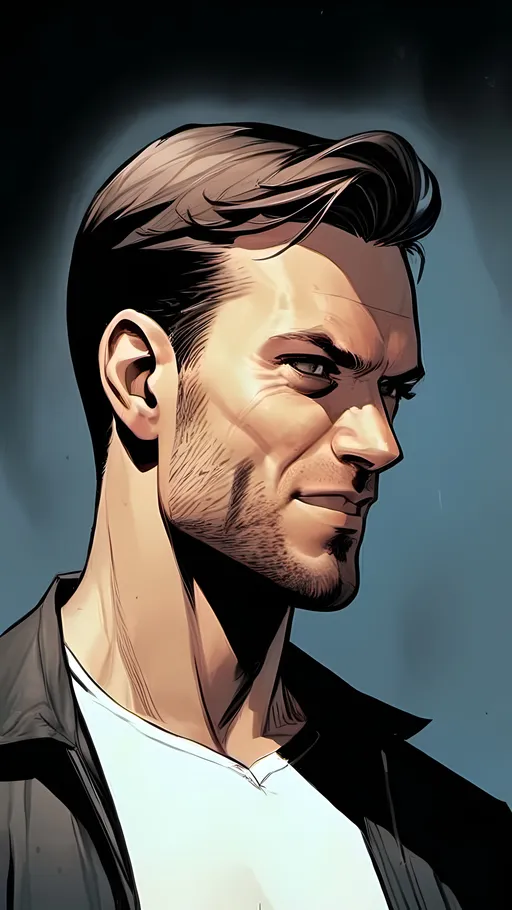 Prompt: modern comic book image, Dan mora style, of a handsome athletic man in his thirties, wearing an elegant suit and white shirt with short brown hair. He has piercing blue eyes that exude confidence and intelligence. The background is white