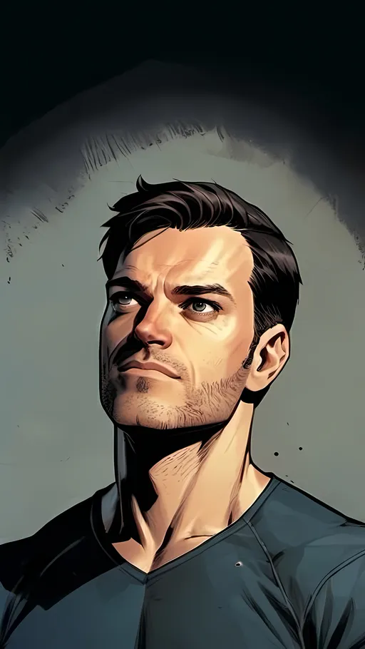 Prompt: modern comic book image, Dan mora style, of a handsome athletic man in his thirties, with short brown hair, thin lips, piercing blue eyes that exude confidence and intelligence. The background is white