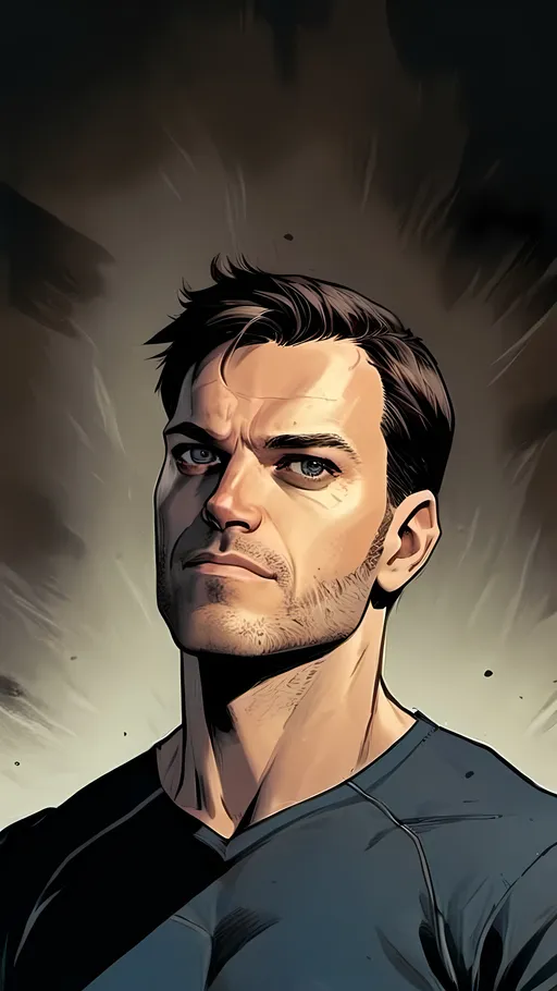 Prompt: modern comic book image, Dan mora style, of a handsome athletic man in his thirties, with short brown hair, thin lips, piercing blue eyes that exude confidence and intelligence. The background is white