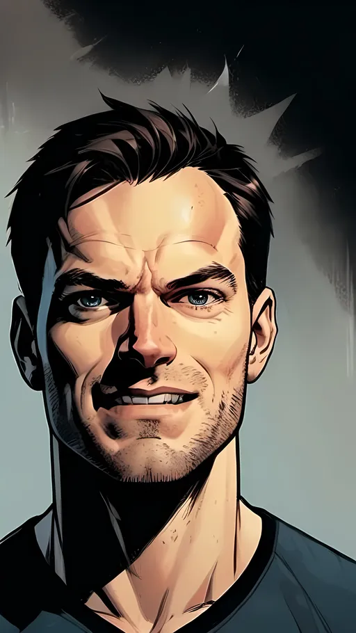 Prompt: modern comic book image, Dan mora style, of a handsome athletic man in his thirties, smiling, with short brown hair, thin lips, piercing blue eyes that exude confidence and intelligence. The background is white