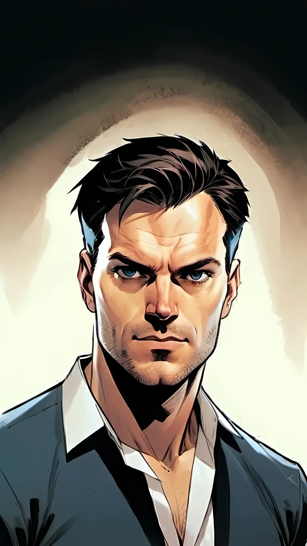 Prompt: modern comic book image, Dan mora style, of a handsome man in his thirties, wearing an elegant suit and white shirt with short brown hair. He has piercing blue eyes that exude confidence and intelligence. The background is white