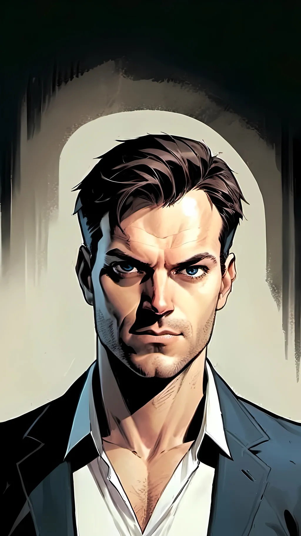 Prompt: modern comic book image, Dan mora style, of a handsome man in his thirties, wearing an elegant suit and white shirt with short brown hair. He has piercing blue eyes that exude confidence and intelligence. The background is white