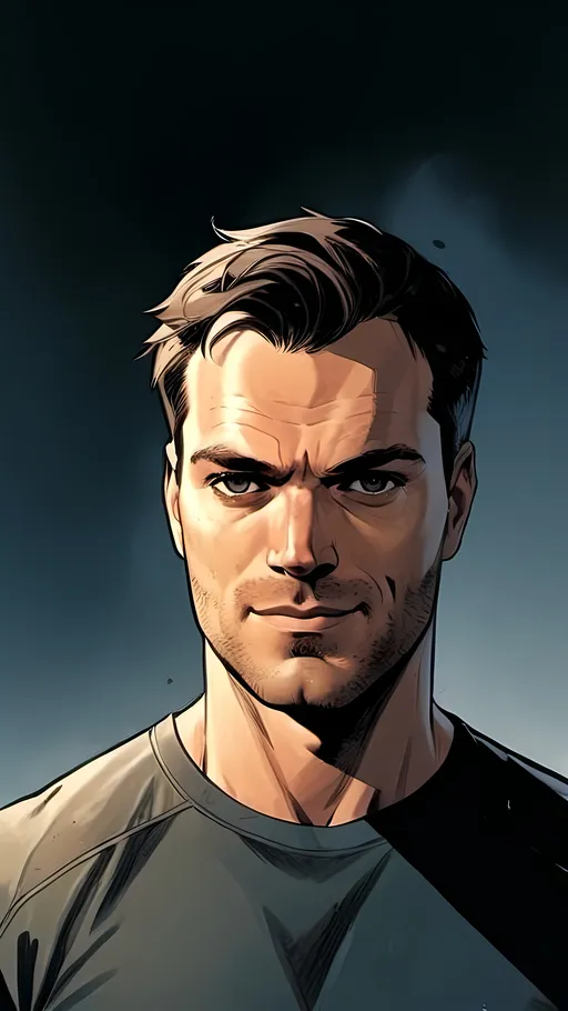 Prompt: modern comic book image, Dan mora style, of a handsome athletic man in his thirties, smiling, with short brown hair, thin lips, piercing blue eyes that exude confidence and intelligence. The background is white