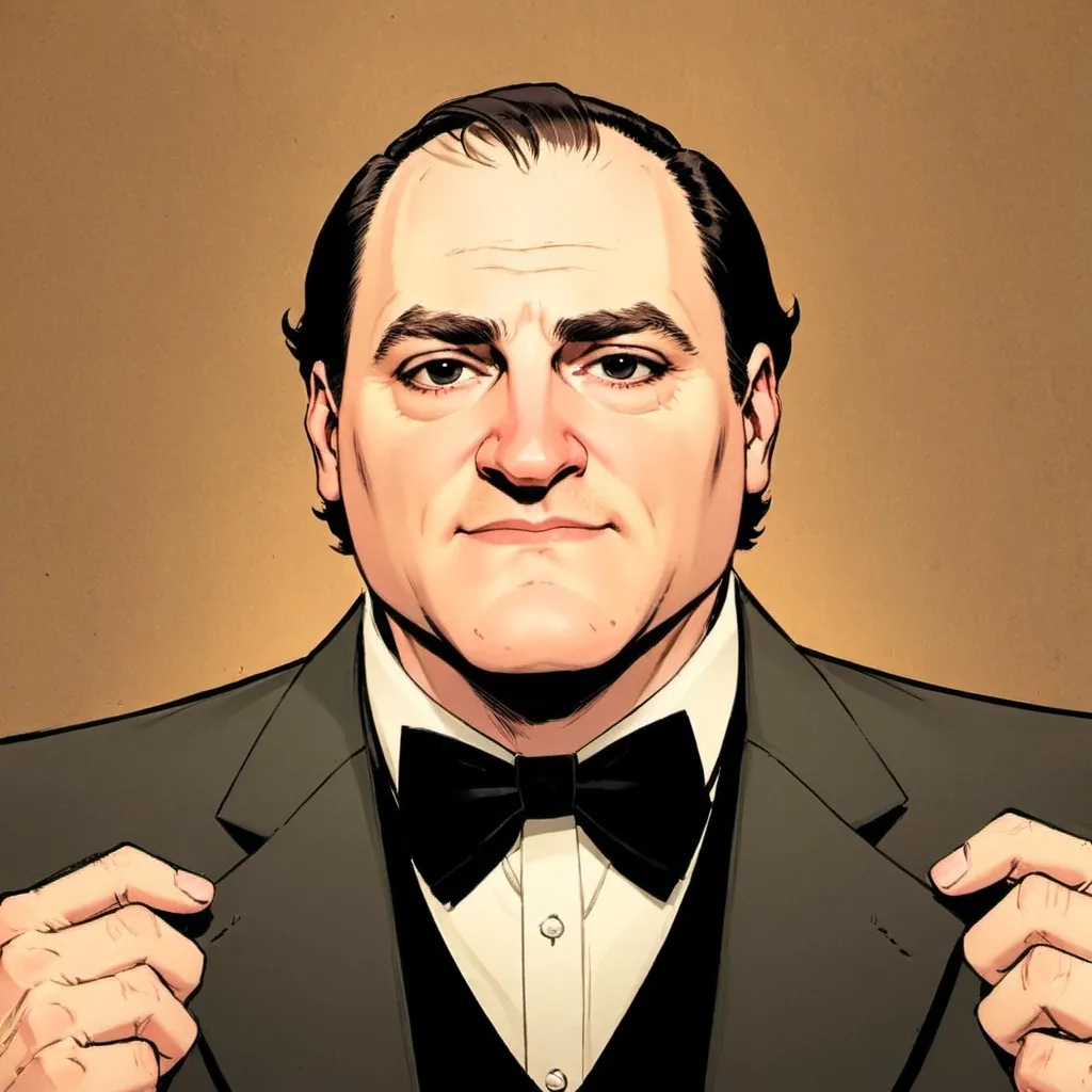 Prompt: (character design sheet), well-dressed short fat man, wearing a tailored (black suit), elegant (bow tie), age 55, distinctive balding hair combed back, expressive (pointy nose), prominent (large chin), showcasing multiple angles: (front view, side view, back view), high-quality illustration, character distinctiveness in facial features, refined and sharp details.