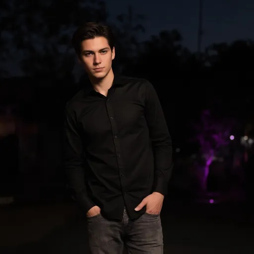 Prompt: In an evening setting, a young man stands confidently, dressed in a fitted black shirt and gray jeans, his expression serious yet calm. The dark background is complemented by hints of purple light emanating from a distant source, creating an intriguing contrast that enhances the nighttime ambiance. His hair is neatly styled, and he poses with one hand resting casually in his pocket, imparting a relaxed yet contemplative vibe. Surrounding him, the faint outlines of trees and structures hint at a typical urban environment, enveloped in the gentle shadows of night, while the soft glow adds a touch of warmth to the scene.