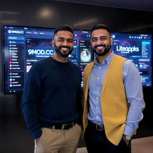 Prompt: Two best friends, one an Indian boy with a modern, stylish haircut (sharp fade, textured top, trendy look), and the other his close partner. They are successful entrepreneurs — the Indian boy is the Chairman of 9MOD.CC and his friend is the Vice Chairman of Liteapks. Both stand confidently in a sleek, modern office environment with large glowing screens in the background showing futuristic website dashboards labeled “9MOD.CC” and “Liteapks.” They wear smart-casual business outfits, smiling proudly, symbolizing success, leadership, and strong friendship. Ultra-realistic photography style, high detail, vibrant professional lighting.