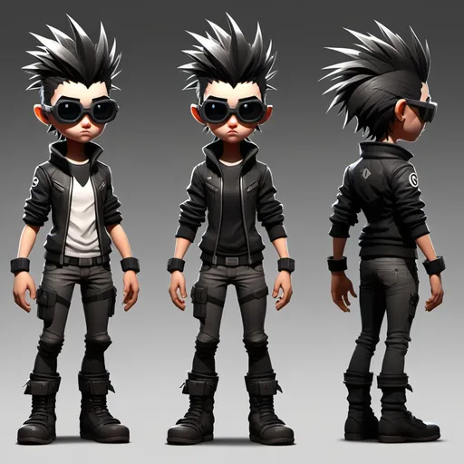 Prompt: Create an image of a cool 2.5D game character in an idle standing position, focusing on depth and style. The character should look modern and stylish with a slight fantasy or sci-fi twist. Here are the key details:

Appearance: A young, confident character with spiky or messy hair for a dynamic, edgy look. Consider a unique accessory, like goggles on the head, a hood, or a sleek headband.
Outfit: A mix of techwear or adventure clothing—like a jacket with multiple zippers and pockets, slim-fit pants, and stylish boots. Add a metallic arm brace or fingerless gloves for a cool touch.
Pose and Expression: Standing relaxed with weight shifted slightly to one side, arms casually at the sides or with one hand in a pocket. A smirk or confident, calm expression on the face.
Lighting and Shading: Use top-left lighting to give subtle shadows, enhancing the 2.5D look with realistic shading on the clothes, especially around folds, pockets, and accessories. The lighting should create depth without fully 3D rendering.
Style: Rendered in 2.5D graphics with soft, subtle highlights and shadows, giving a sense of depth and volume while keeping a 2D feel.