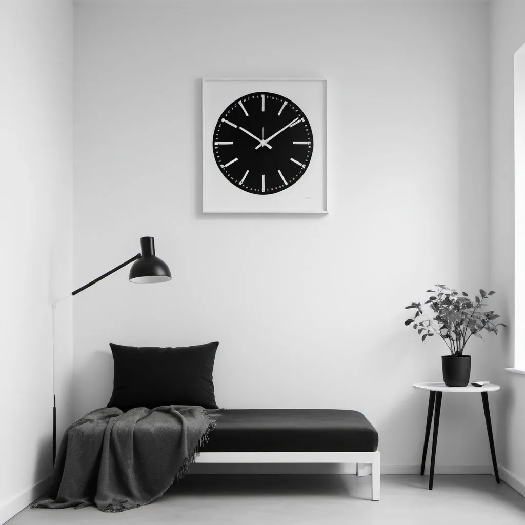 Prompt: a black and white photo of a clock on a wall with a white background and a black and white clock, Bauhaus, minimalism, minimalist, a minimalist painting