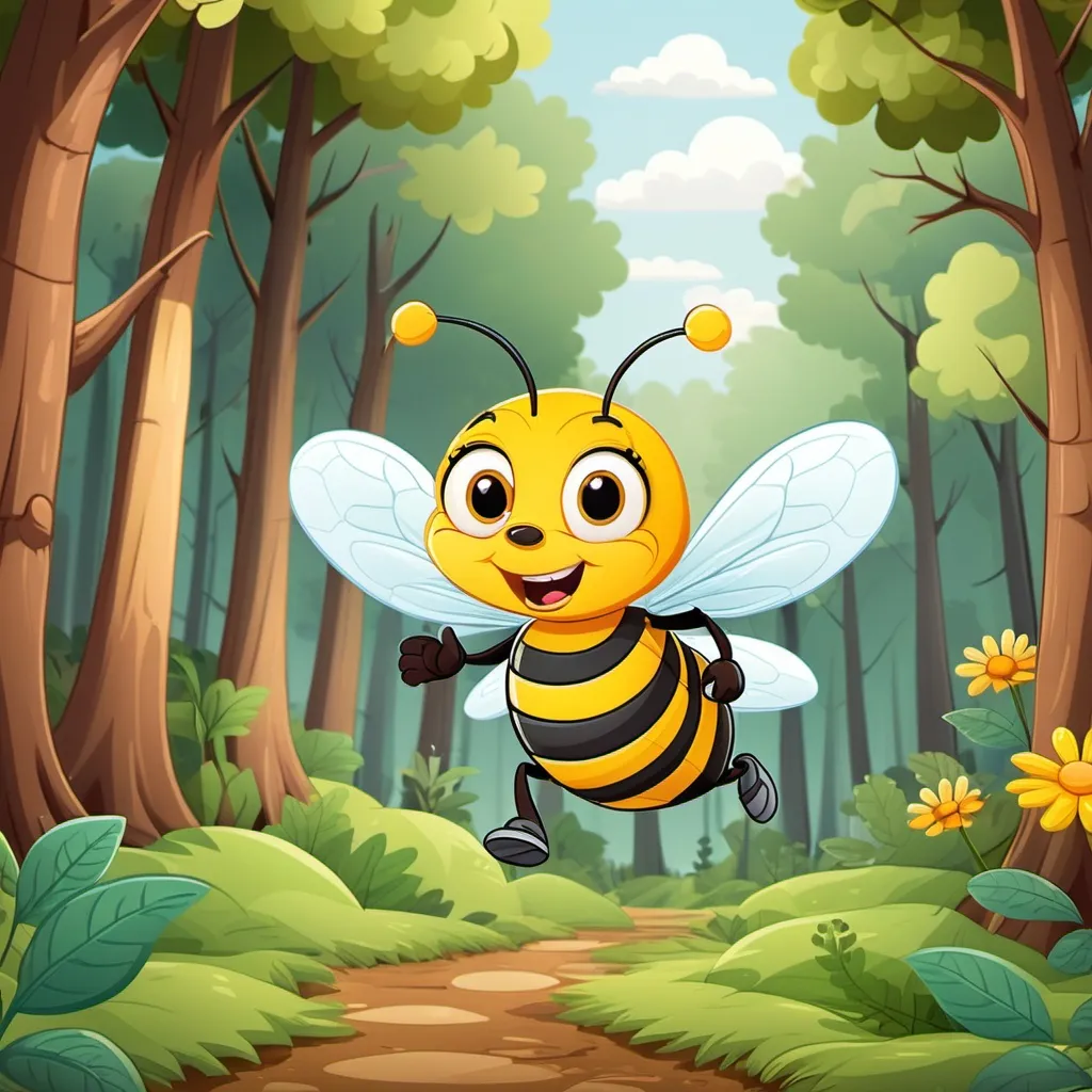 Prompt: cartoon bee flying about the forest