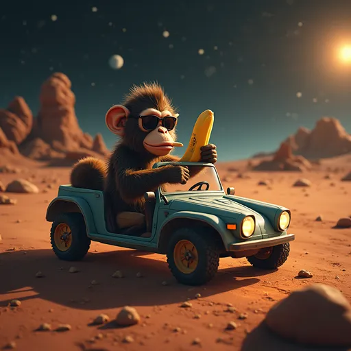 Prompt: A monkey driving a car in mars eating a banana and wearing sunglasses