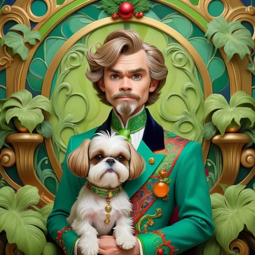 Prompt: A royal prince (art nouveau style), accompanied by his beloved Shih Tzu, vibrant colors, whimsical and playful concept, reminiscent of the Grinch stealing Christmas, intricate patterns, elegant lines, enchanting background, lush greenery, fantasy ambiance, lavish attire, endearing expressions, high-detailed, captivating composition, suitable for art enthusiasts, storytelling atmosphere, magical and adventurous vibe.