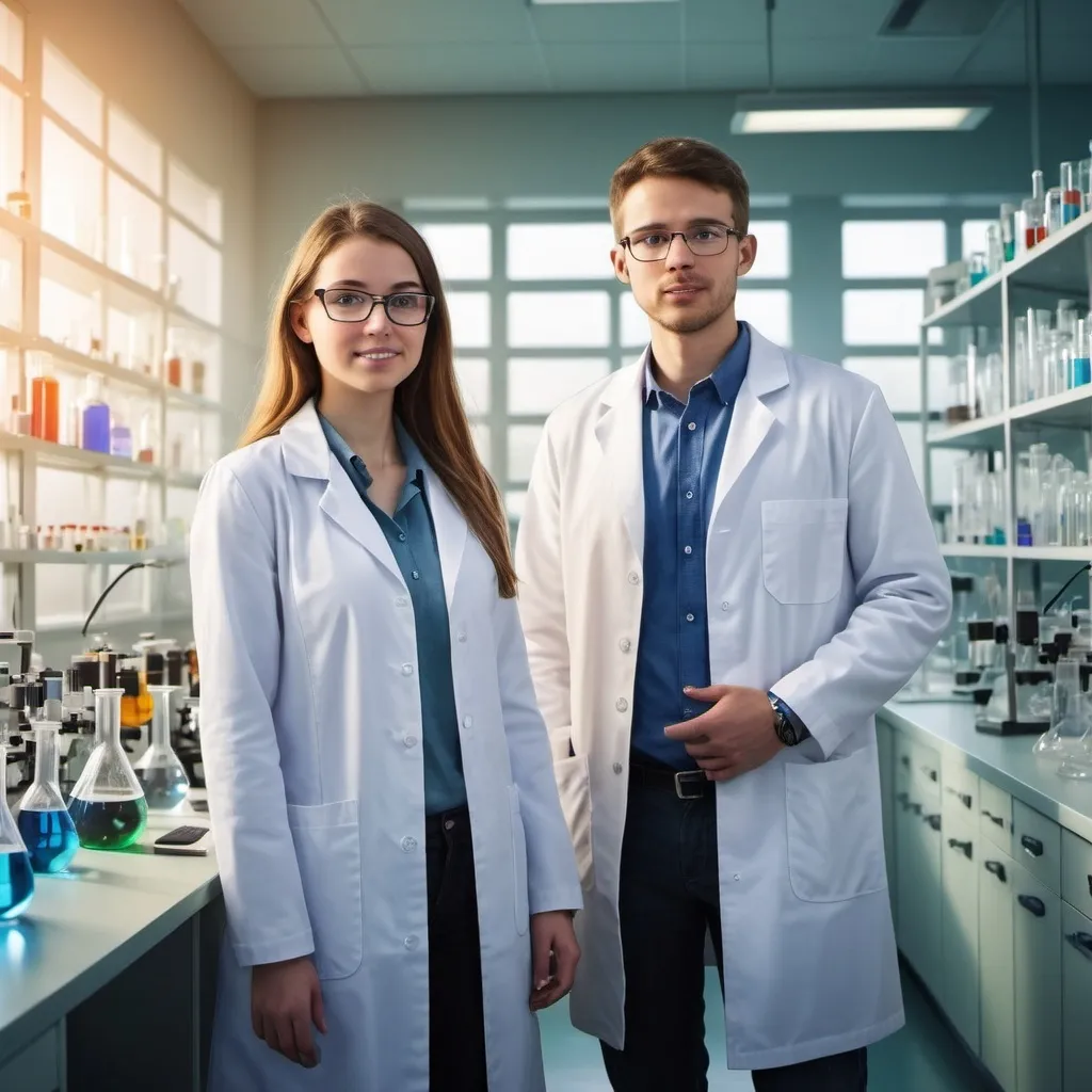 Prompt: a man and a women student stand together, they all wear a lab coat