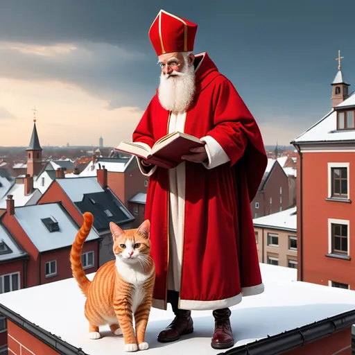 Prompt: Saint Nicholas walking on the roof with his book and behind him a red cat. The cat has the same miter as saint nicholas