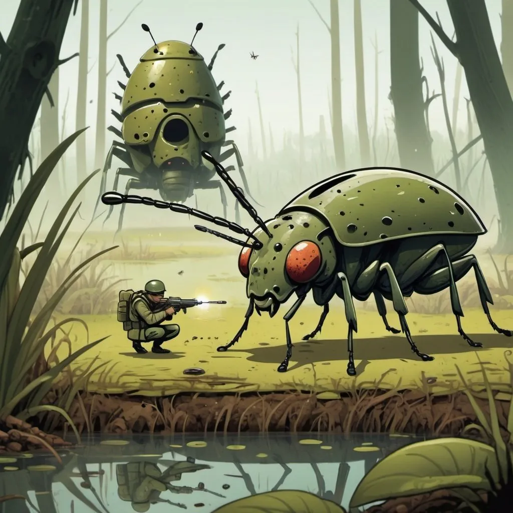 Prompt: a bullet-riddled insect eating a soldier in the background a swamp cartoon style