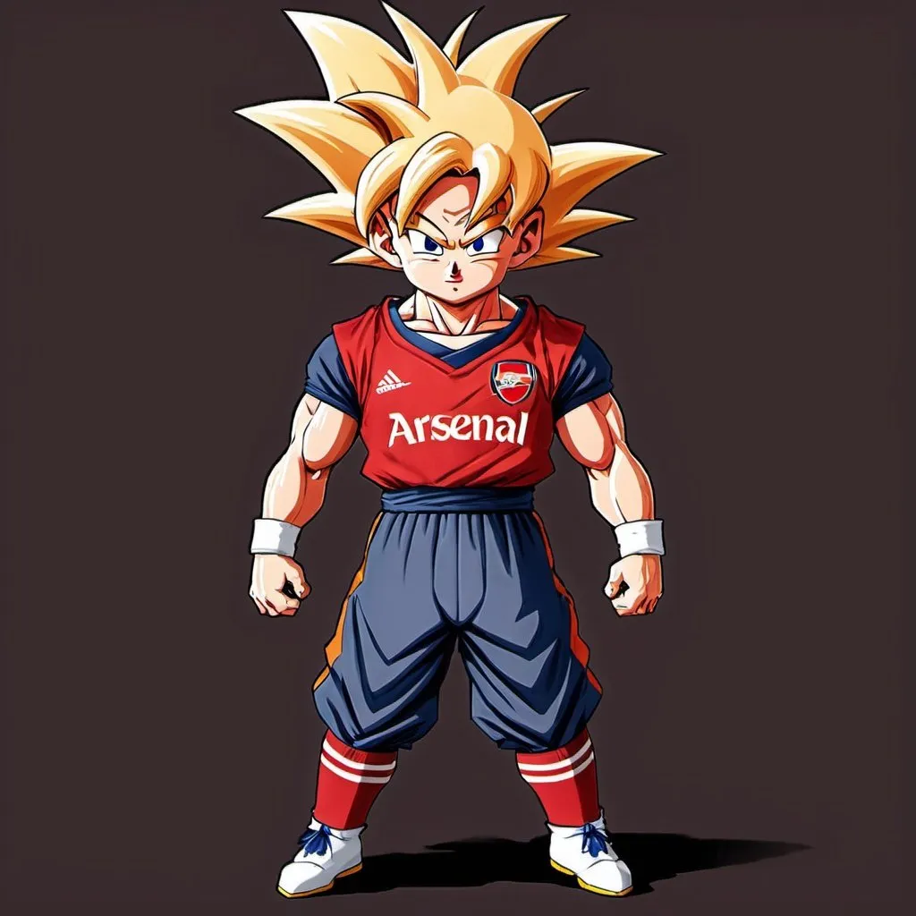 Prompt: Goku wearing arsenal jersey, dragonball style