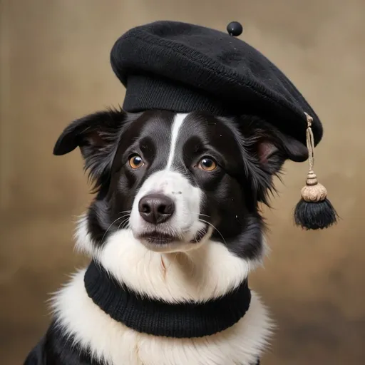 Prompt: A Border Collie dog wearing a beret and black turtleneck, neoclassical style