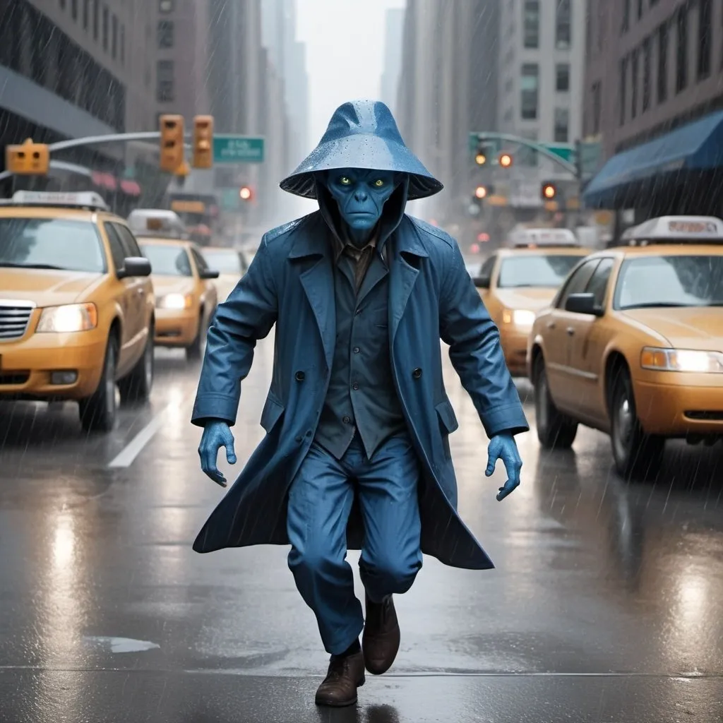 Prompt: Realistic storyboard of a blue alien man wearing an overcoat and rain hat ; scared, running in the rain and heavy new York traffic