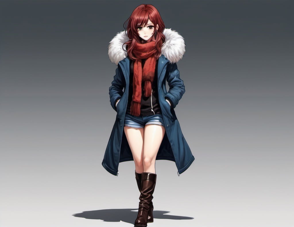 Prompt: Full body of manga style girl detailed inside picture. Main characteristics and features: Age around 36. Tall and thick body. The hair is kind of a dark red color, medium lenght, volumous and a bit savage form. She wears winter type outfit. The clothes of her outfit contais fur and colors like black or brown, blue ir red, silver or gold. On her feet the girl’s wearing ankle boots. Her look expression is serious but attractive. Must show legs and body entirely in the image. 