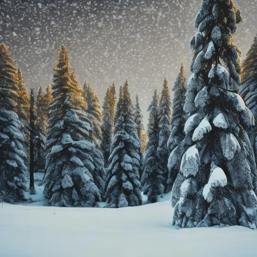 Prompt: a print of pine trees covered in snow