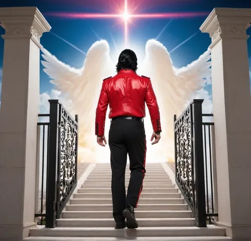 Prompt: Dr. Disrespect walking up Heaven’s stairs looking at the gate