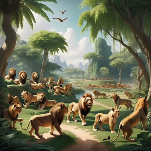 Prompt: paradise scenery with geen landscape, all races represented and people playing lions