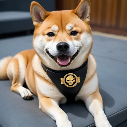 Prompt: dog shiba inu smiling, Nick Fury eye patch