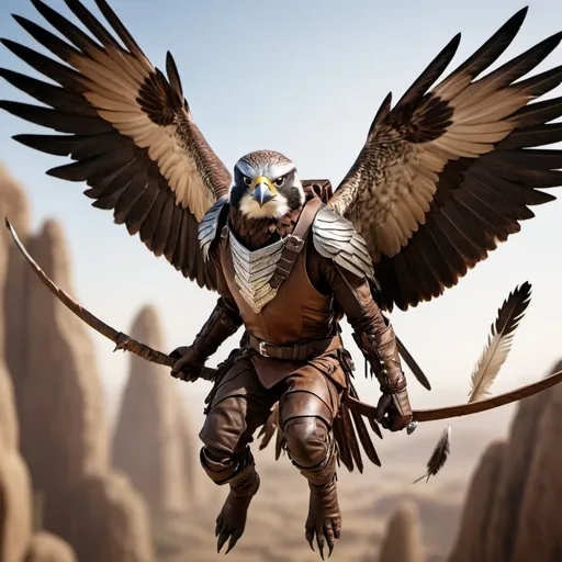 Prompt: Falcon Aarakocra Ranger in leather armor, mid-flight with a long bow, highres, detailed feathers, fantasy, action-packed, earthy tones, dynamic lighting, detailed facial features, bird's eye view.  The feet are talons