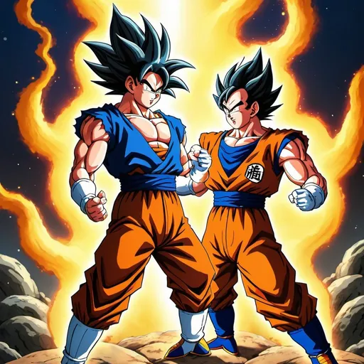 Prompt: Anime-style illustration of Goku and Vegeta greeting Akira Toriyama, vibrant and dynamic, Dragon Ball inspired, detailed hair and clothing, intense and powerful stance, high quality, vibrant colors, anime style, detailed characters, professional, atmospheric lighting