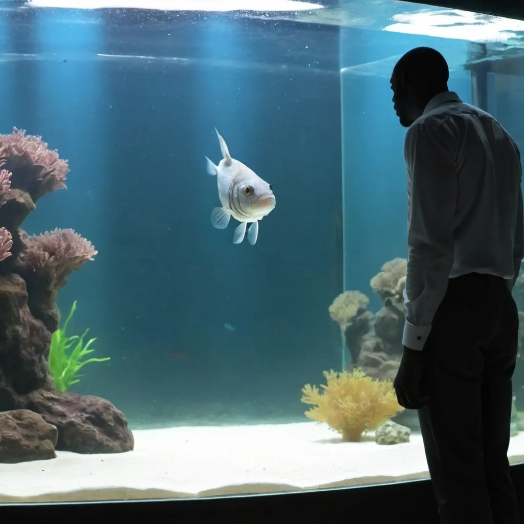 Prompt: A fish in a aquarium looking at a black tall guy