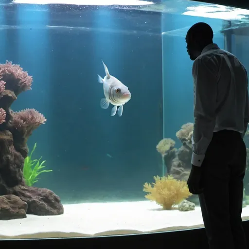 Prompt: A fish in a aquarium looking at a black tall guy