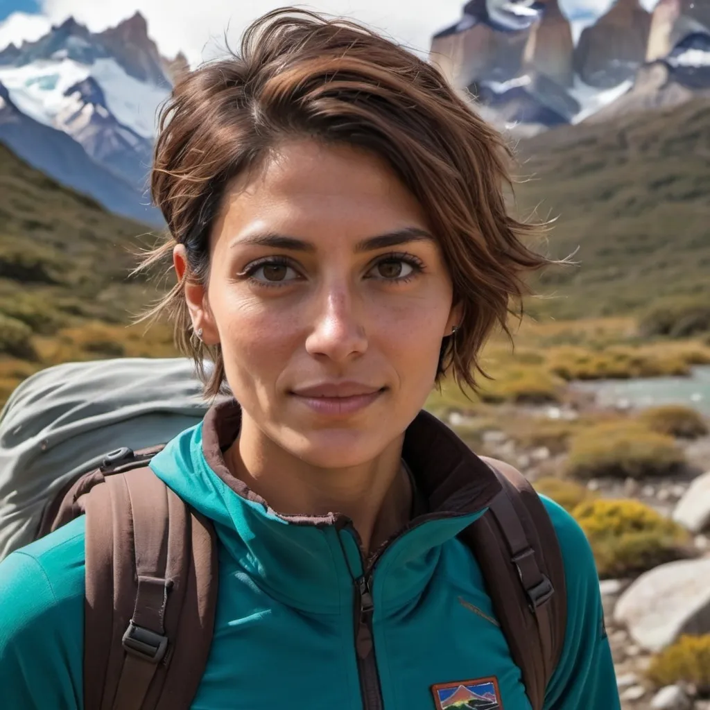 Prompt: Tall athletic woman with short brown side parted hair with highlights, olive skin, and dark brown eyes an undercut hiking in patagonia