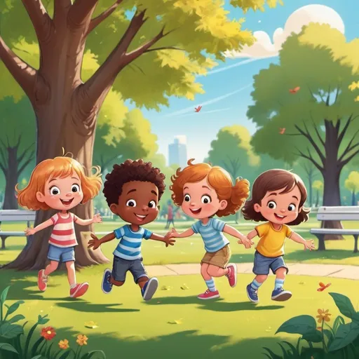 Prompt: cartoon children playing together on a sunny day in the park