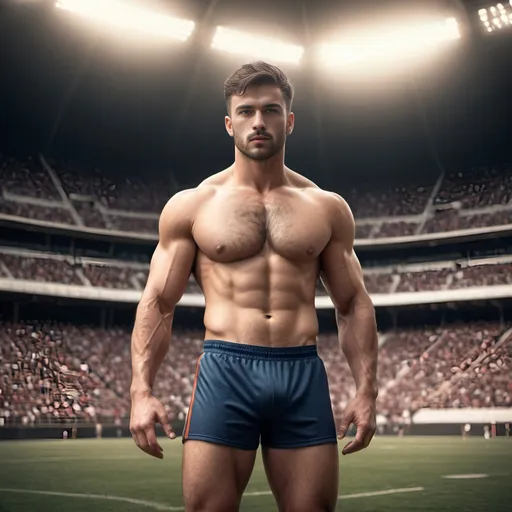 Prompt: 3D fantasy 8K resolution of extremely handsome muscular jocks in early 20's photorealism high quality detail of facial features and eyes and eyelashes, pronounced jawline short dark hair, very hairy body,in his early 20's, very hairy chest, hairy legs, hairy abs,hairy forearms, hairy at waistband and hairy on forearms ,jockstrap, no shirt, no pants, in a detailed football stadium, sweat glistening on their body, hot tones vibrant colors cinematic lighting, masculine, high quality, detailed muscles, outdoor stadium scene w atmospheric lighting, realistic, color splash, holding a football, collegiate  bond  <mymodel>full body view