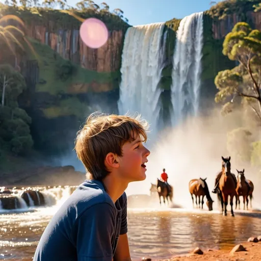 Prompt: an australian 14 year old guy crying with a scenic extremely big waterfall in the backgroud, sunset, horses in the backgroud, butterflies and birds and trees in the backgroud, bright day, the air shines

 