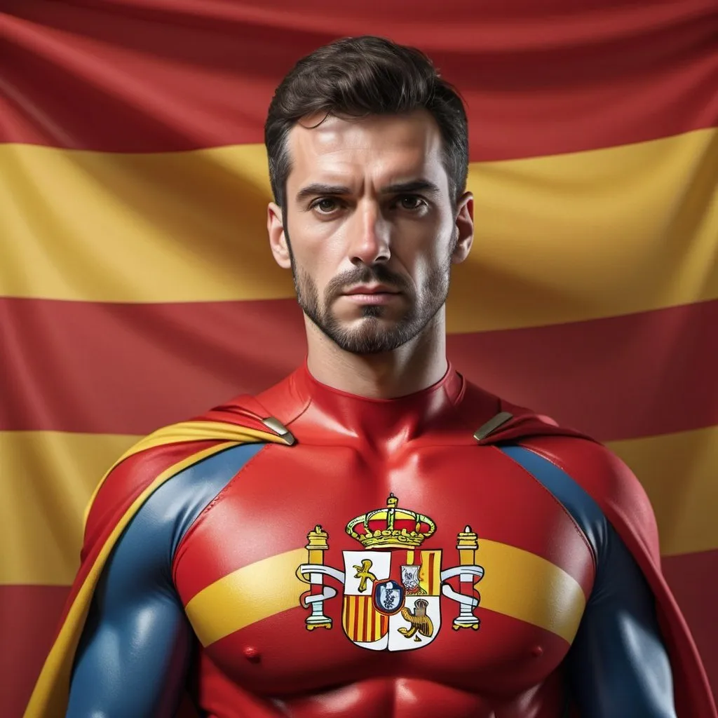 Prompt: A hyper realistic picture of Spain superhero on the Spain flag coloured attire 4k ultra HD, clear thin lighting 