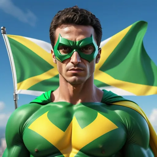 Prompt: A hyper realistic picture of Brazil as a cool superhero on Brazil flag coloured attire, 4K ultra, clear thin lighting 