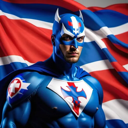 Prompt: A hyper realistic picture of Slovakia as a cool superhero on Slovakia flag coloured attire, 4K ultra, clear thin lighting 