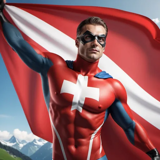 Prompt: A hyper realistic picture of Swittzerland superhero on the Switzerland flag coloured attire 4k ultra HD, clear thin lighting 