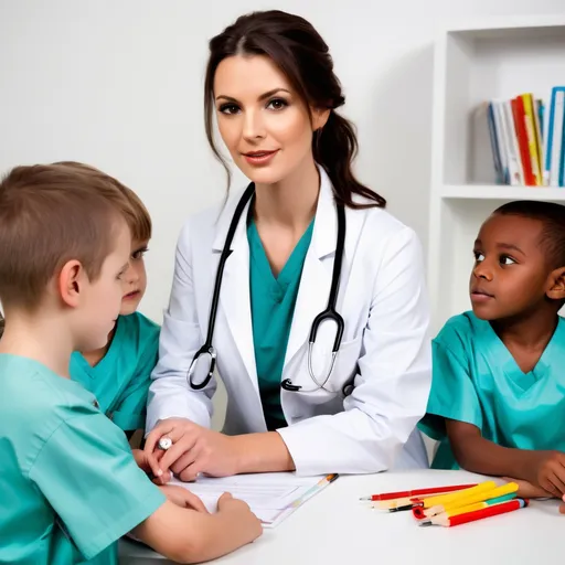 Prompt: really attractive brunette female doctor helping children