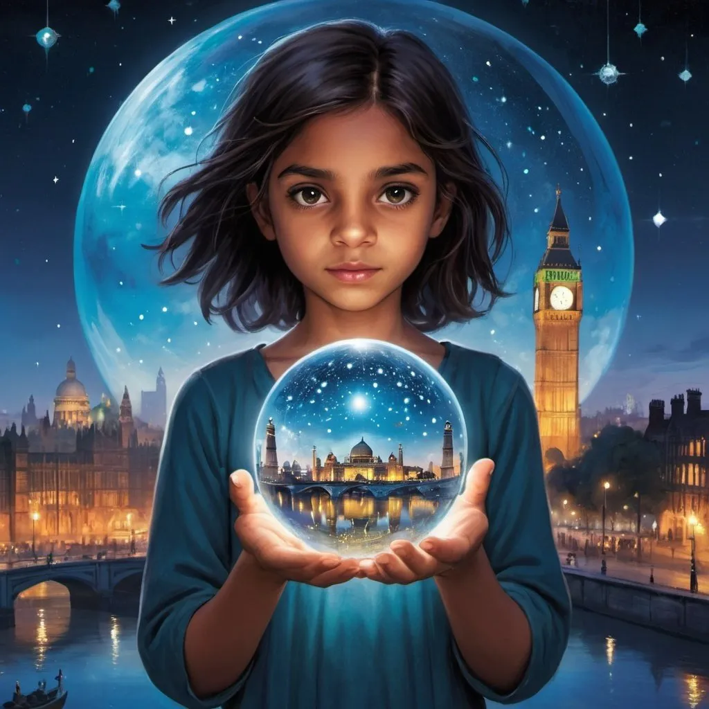 Prompt: city of stolen magic book cover about a girl who’s holding an orb with the picture of the two cities (england and india) and looking at it with a sense of determination in her eyes and the orb is glowing, and as for the background behind the girl is a constellation it is for a kids book, her magic comes from her index finger, inside the orb there is the two cities england and india  